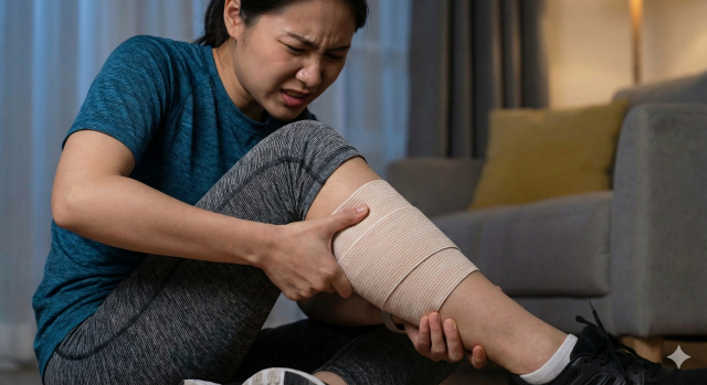 肉離れ後の患部を自己流でマッサージし、痛みに耐えている様子（やってはいけない例）