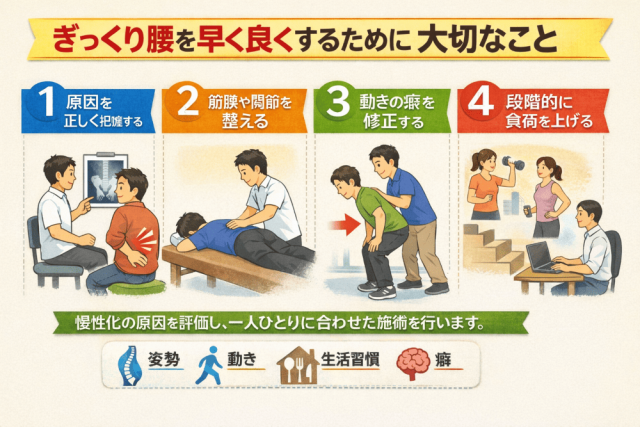 alt="ぎっくり腰を改善するために大切な4つのポイントを示した図。原因の把握、筋膜や関節の調整、動きの癖の修正、段階的な負荷調整を説明しているイラスト"