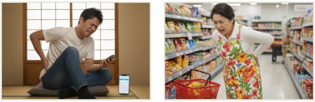 家事の合間に腰の痛みで動きを止める40代女性。慢性腰痛による日常生活の辛さを抱えている様子。