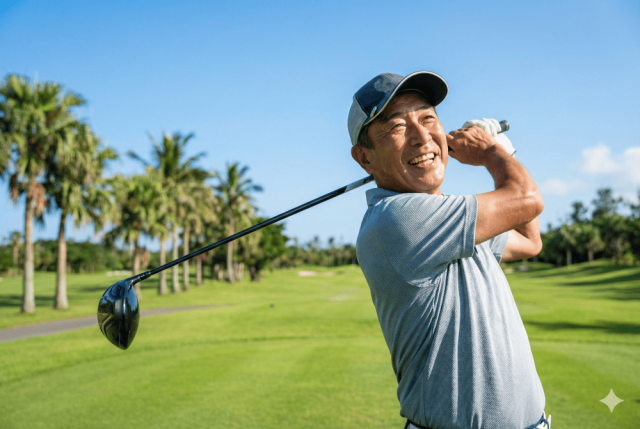 那覇市在住の60代男性のお客様の声。膝の痛みを克服し、笑顔でゴルフのラウンドを楽しんでいるスイングの様子。