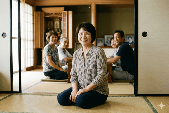 沖縄市在住の50代女性のお客様の声。膝の痛みが改善し、親戚の集まりで笑顔で正座をしている様子。
