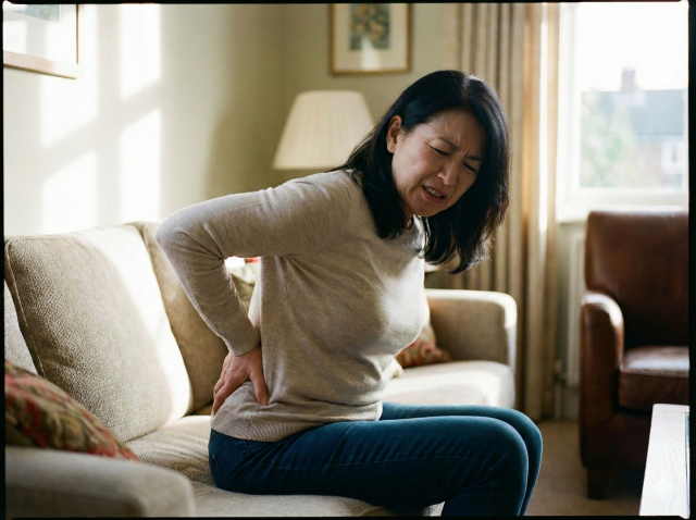 リビングのソファに座り、坐骨神経痛による腰やお尻の痛みに顔をしかめている日本人女性