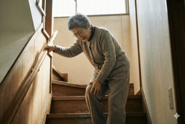 階段の上り下りが辛くて、手すりがないと不安で膝を押さえている様子。うるま市の膝の痛み専門整体リカバリーの悩み事例。