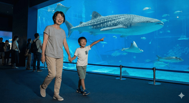 うるま市在住の60代女性のお客様の声。膝の痛みが改善し、お孫さんと一緒に美ら海水族館を楽しそうに歩いている様子。