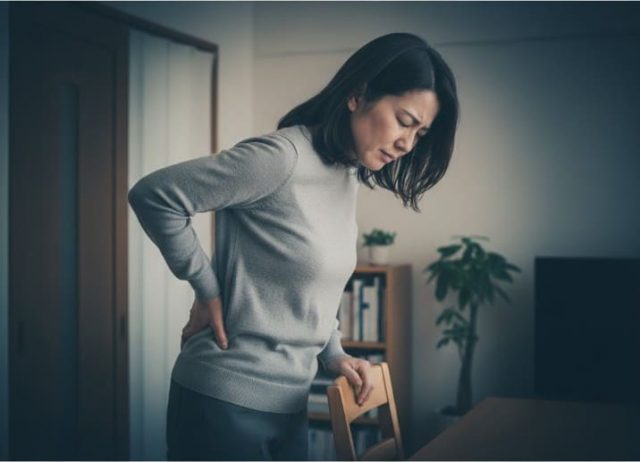 家事の合間に腰の痛みで動きを止める40代女性。慢性腰痛による日常生活の辛さを抱えている様子。