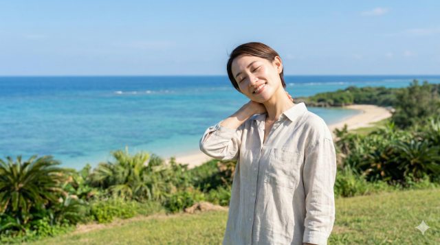 頭痛と首こりが解消し、薬を飲まない健康的な生活を取り戻して笑顔の30代女性