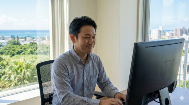 首の痛みが和らぎ、自然な笑顔でリラックスするうるま市の40代会社員