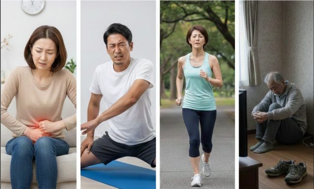 股関節の痛みを我慢しながら無理にストレッチをしたり、患部を強く揉んだりしている様子。自己流の対処で症状を悪化させないよう、注意を促すイメージ。