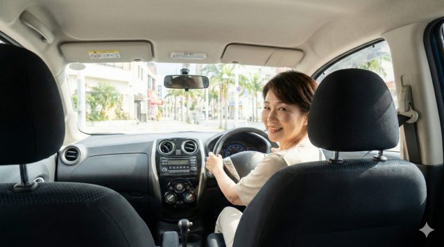 首の痛みを気にせず、笑顔でハンドルを握る那覇市の60代女性