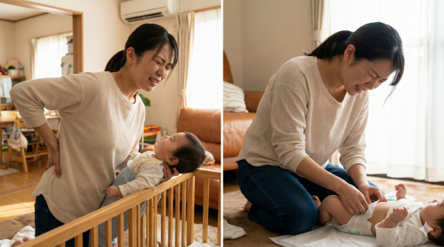 産後の腰痛で辛そうに赤ちゃんを抱き上げたりおむつ替えをする母親の様子