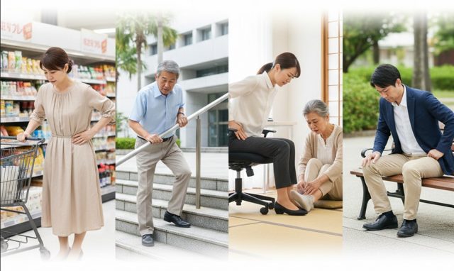 股関節の痛みで立ち上がることや歩くことが辛く、不安な表情を浮かべる年配の女性。階段の上り下りや靴下を履く動作など、日常生活での股関節の悩みをイメージした様子。