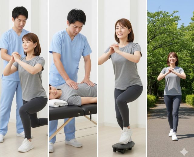 日本人の専門スタッフが、女性の歩き方や動作を丁寧に確認している様子。股関節の痛みを根本から改善するために、筋膜や骨盤の状態、体の使い方の癖を正しく把握しているシーン。