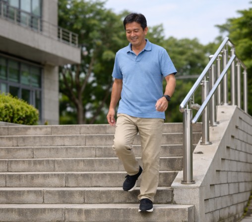 階段をスムーズに降りる50代の男性。うるま市の専門整体で股関節の痛みを改善し、仕事や日常生活での階段移動が楽になった様子。