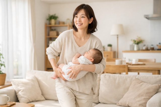 明るい自宅のリビングで授乳を終え、赤ちゃんを抱いたまま穏やかな表情で立ち上がろうとする30代の日本人女性
