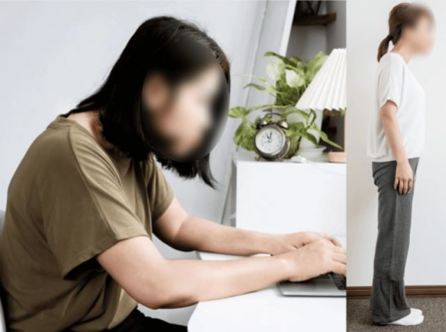 パソコン作業で猫背になり首が前に出ている女性と、立ち姿勢で肩が内側に入っている女性の比較画像