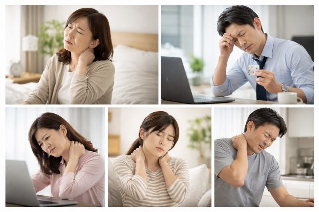 肩こりや頭痛で首や肩を押さえ、日常生活でつらさを感じている男女の様子
