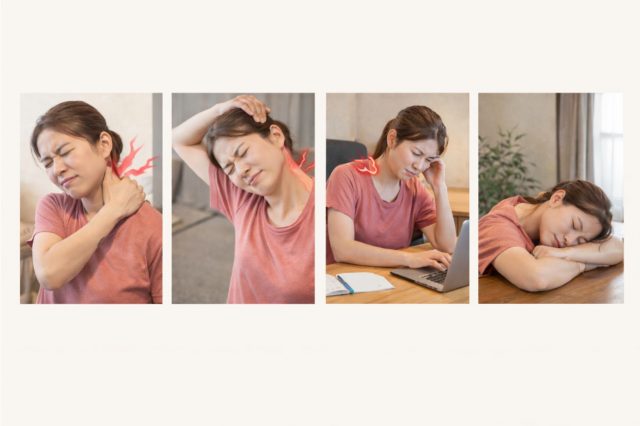 肩こりや頭痛で首や肩がつらく、日常生活に支障が出ている様子