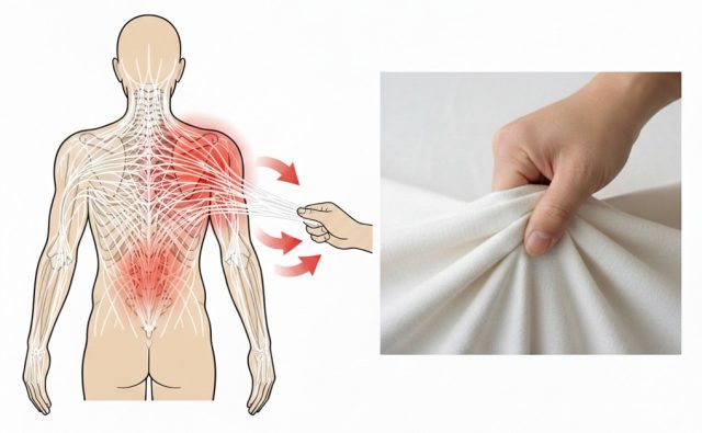 人体の背面図解。首から肩甲骨、背中上部にかけての広い範囲が赤く強調され、筋膜の硬さが広がっているイメージ図。