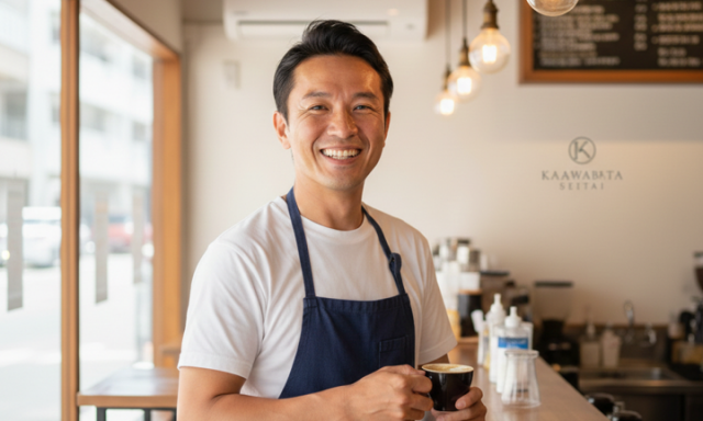 那覇市でカフェを営む50代の男性店主。腰の違和感が解消し、以前のように不安なく元気に仕事ができている晴れやかな笑顔