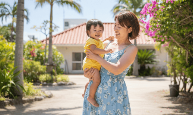 沖縄の青空と赤瓦の家を背景に、笑顔で子供を抱き上げる40代の女性。腰の痛みが改善し、元気に育児ができている様子。