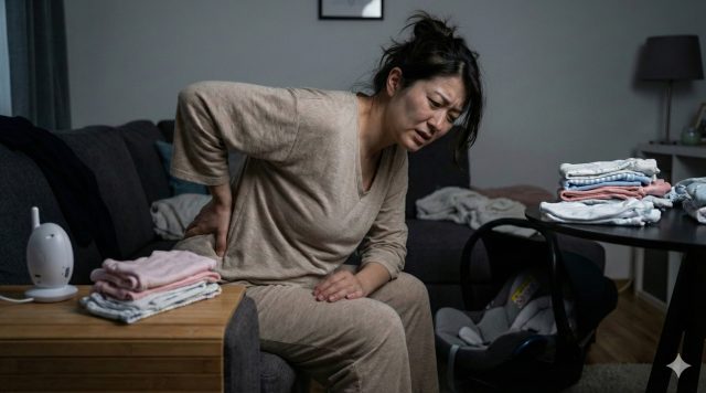産後の腰痛が悪化するNG行動のイメージ。家事や育児の負担で腰の痛みに耐える辛そうな表情の母親