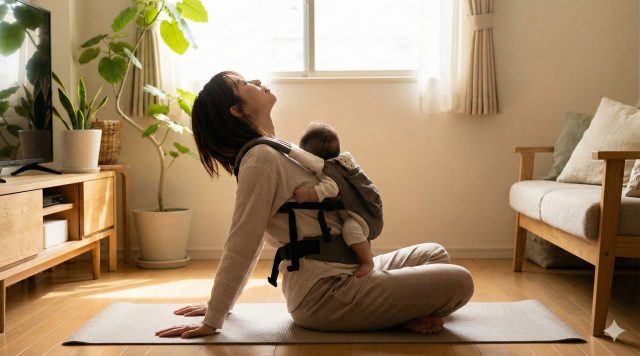 産後の腰痛改善のためのイメージ。赤ちゃんと共にリラックスして無理なく体を整える母親の様子