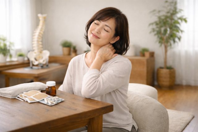 デスクワークによる緊張型頭痛が軽減し、整体で首や肩の施術を受けてリラックスする40代女性の様子