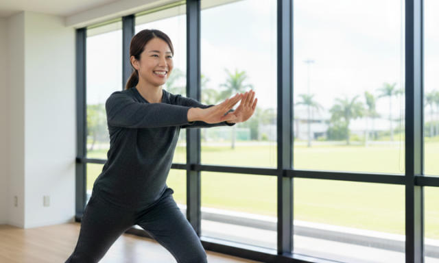 明るい室内で笑顔でストレッチをする40代女性。窓の外にはヤシの木が見え、腰の痛みを克服して不安なく運動ができている晴れやかな表情。