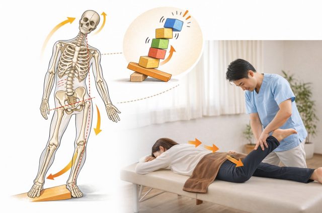 骨盤や足元の歪みが首のズレを引き起こす仕組みを示す骨格図と、積み木が崩れるイメージ、および全身の連動を整える整体施術風景の合成画像